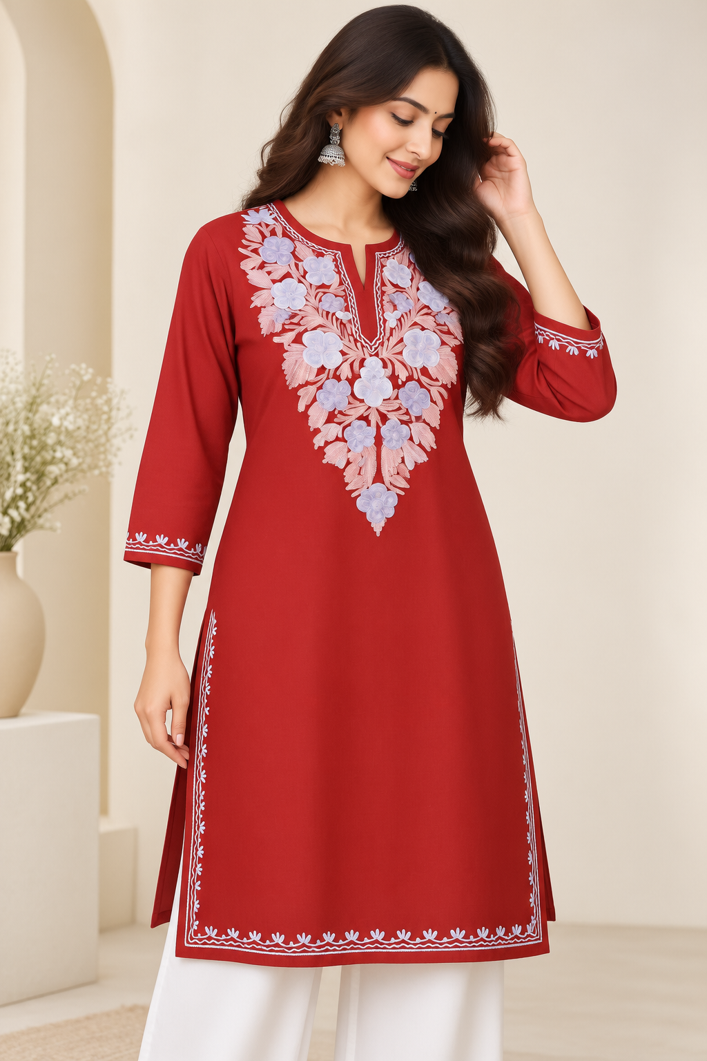Red Purple Aari Work Short Kurti – Summer Tops