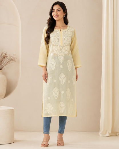 Yellow Chikankari Long Kurta – Nawabi Summer, front view