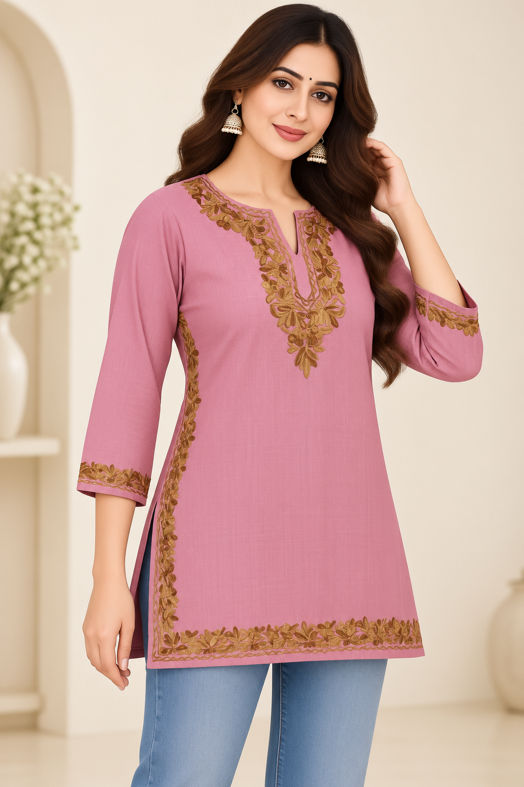 Pink Aari Work Short Kurti – Summer Tops