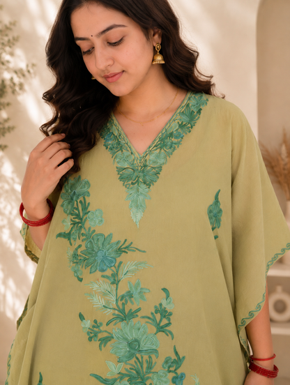 Olive Green Aari Work Kaftan Set - Koshur Summer 2