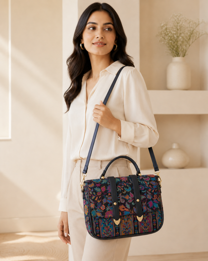 Black Pink Kani Work Double Belt Handbag