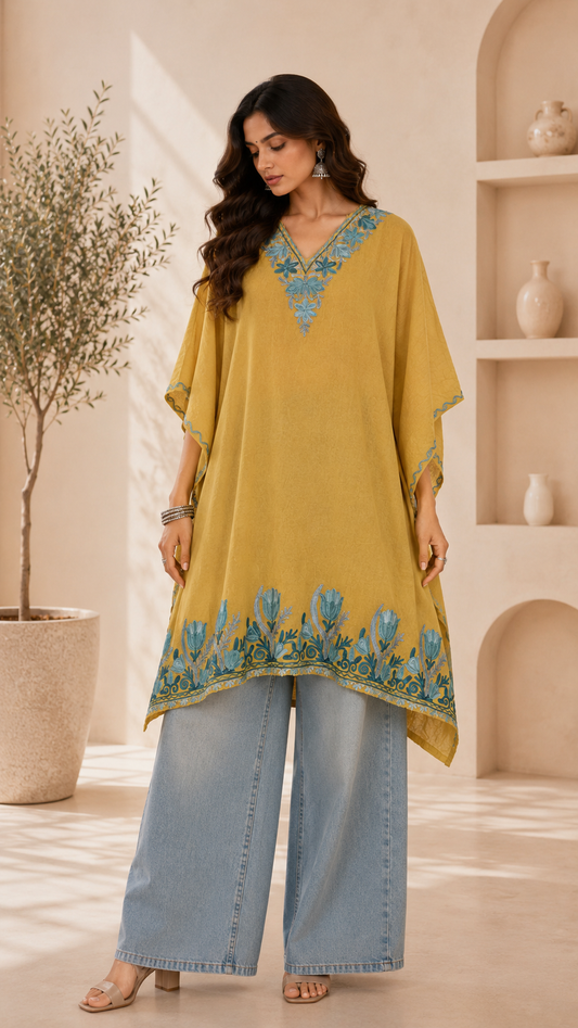 Mustard Aari Work Kaftan - Koshur Summer 1