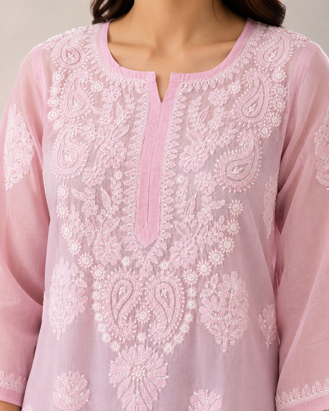Mauve Chikankari Long Kurta – Nawabi Summer, detail view