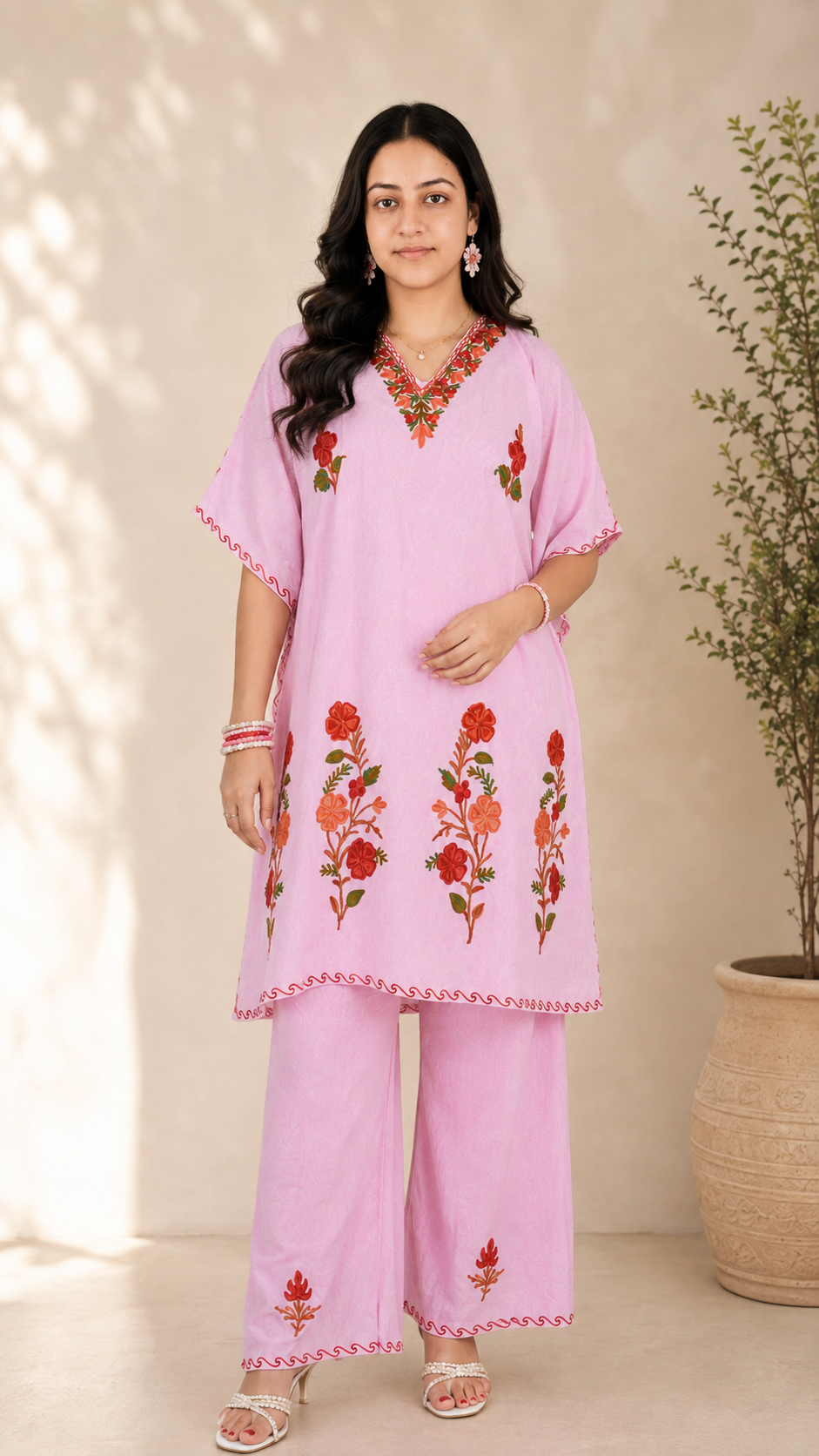 Baby Pink Aari Work Kaftan Set - Koshur Summer 1