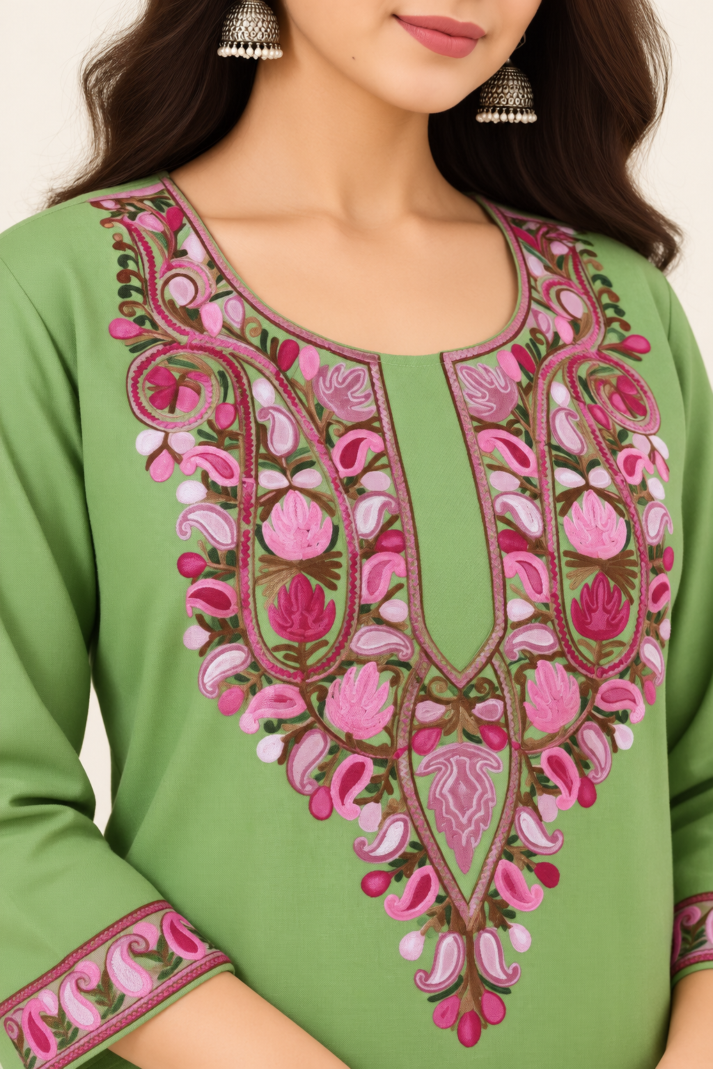 Green Aari work co-ord set in woolen — close-up of the embroidered neckline