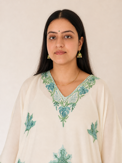 White Green Aari Work Kaftan Set - Koshur Summer 2