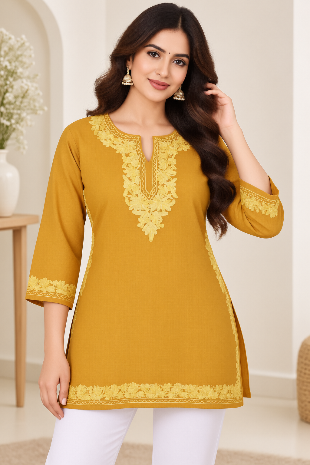 Mustard Yellow Aari Work Short Kurti – Summer Tops