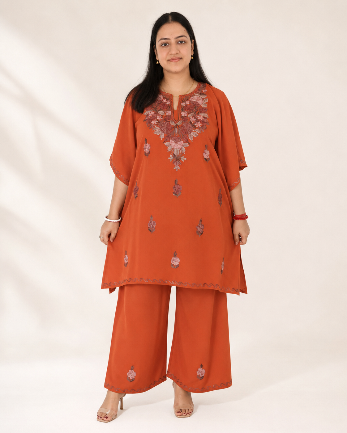 Rust Aari Work Kaftan Set - Koshur Summer 1