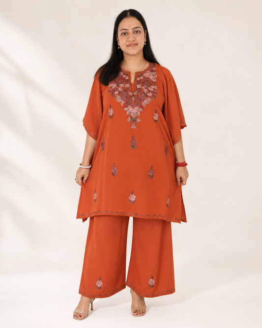 Rust Aari Work Kaftan Set - Koshur Summer 1
