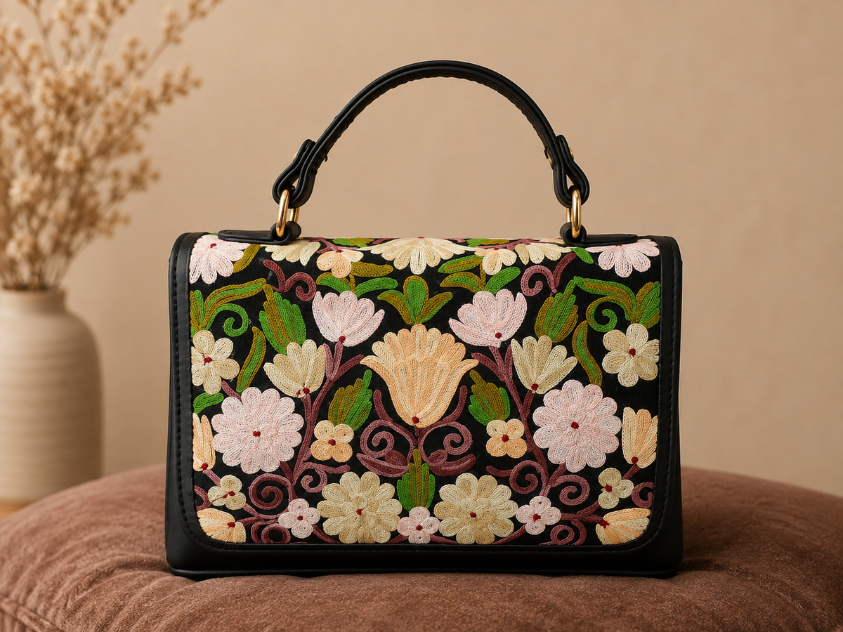 Black Aari Work Top Handle Handbag — front view