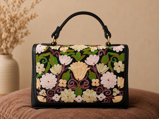 Black Aari Work Top Handle Handbag — front view
