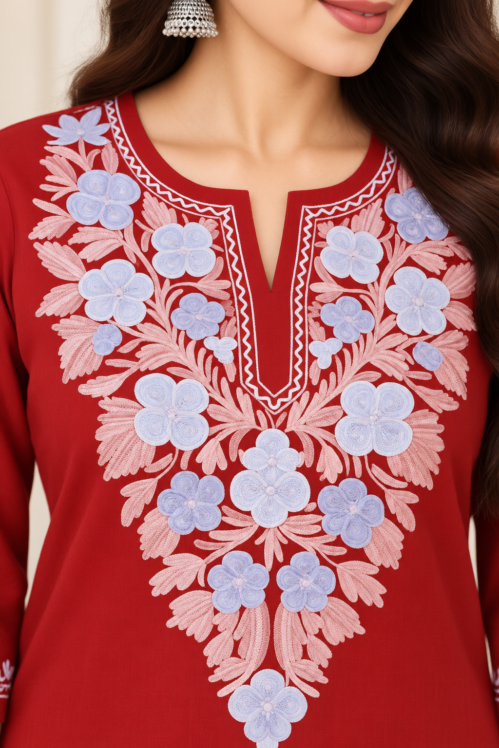 Red Purple Aari Work Short Kurti – Summer Tops