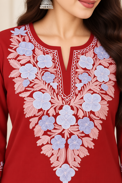 Red Purple Aari Work Short Kurti – Summer Tops