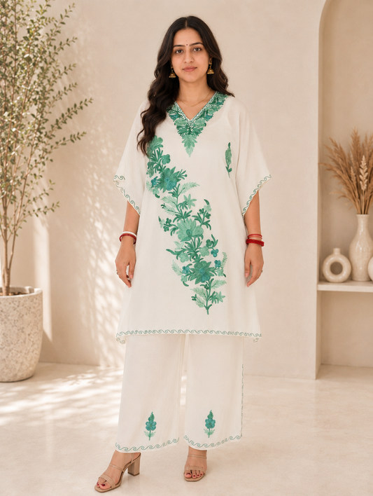 Off White Green Aari Work Kaftan Set - Koshur Summer 1
