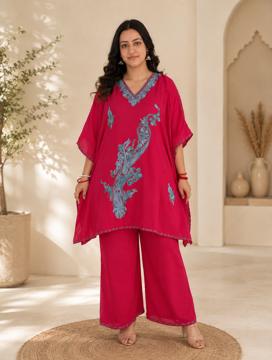 Rani Pink Aari Work Kaftan Set - Koshur Summer 1