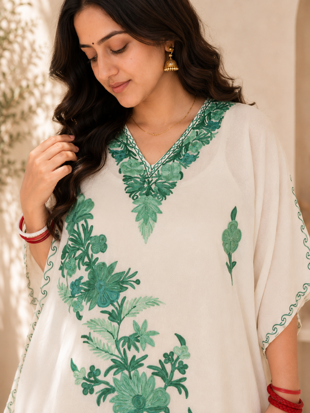 Off White Green Aari Work Kaftan Set - Koshur Summer 2