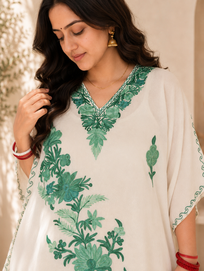 Off White Green Aari Work Kaftan Set - Koshur Summer 2