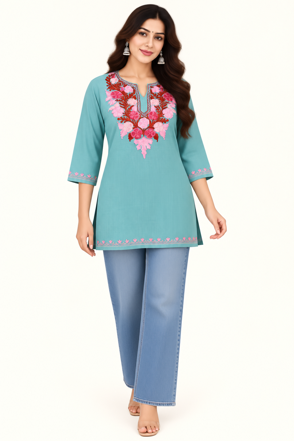 Sea Green Aari Work Short Kurti – Summer Tops