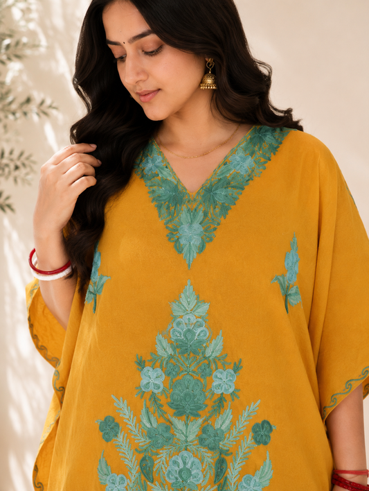 Mustard Aari Work Kaftan Set - Koshur Summer 2