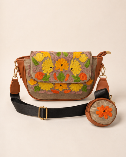Rust Aari Work Sling Bag — front view