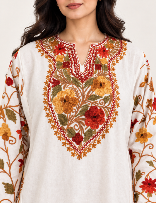 White Yellow Aari Work Pheran – Koshur Winter