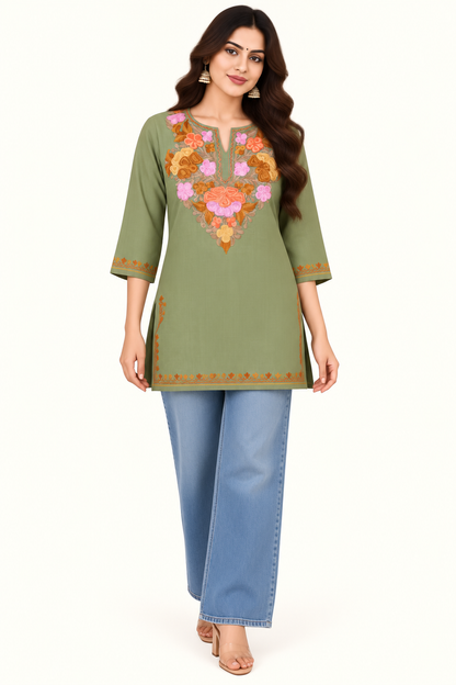 Olive Brown Aari Work Short Kurti – Summer Tops