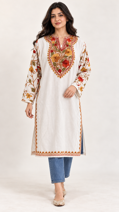 White Yellow Aari Work Pheran – Koshur Winter