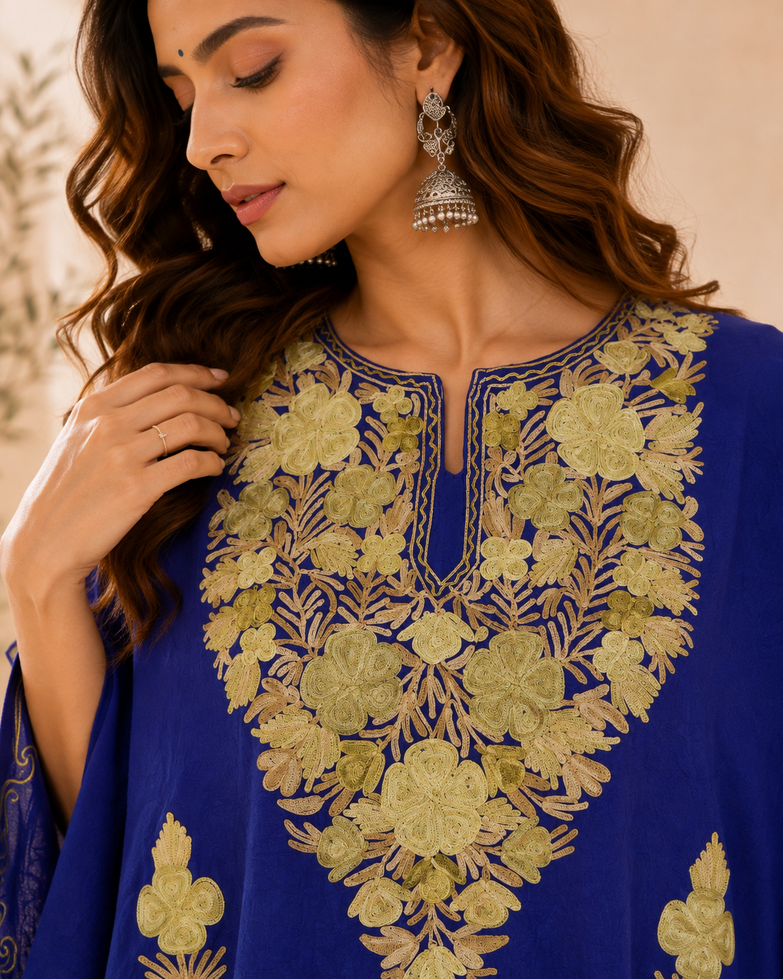 Red Blue Aari Work Kaftan - Koshur Summer - detail