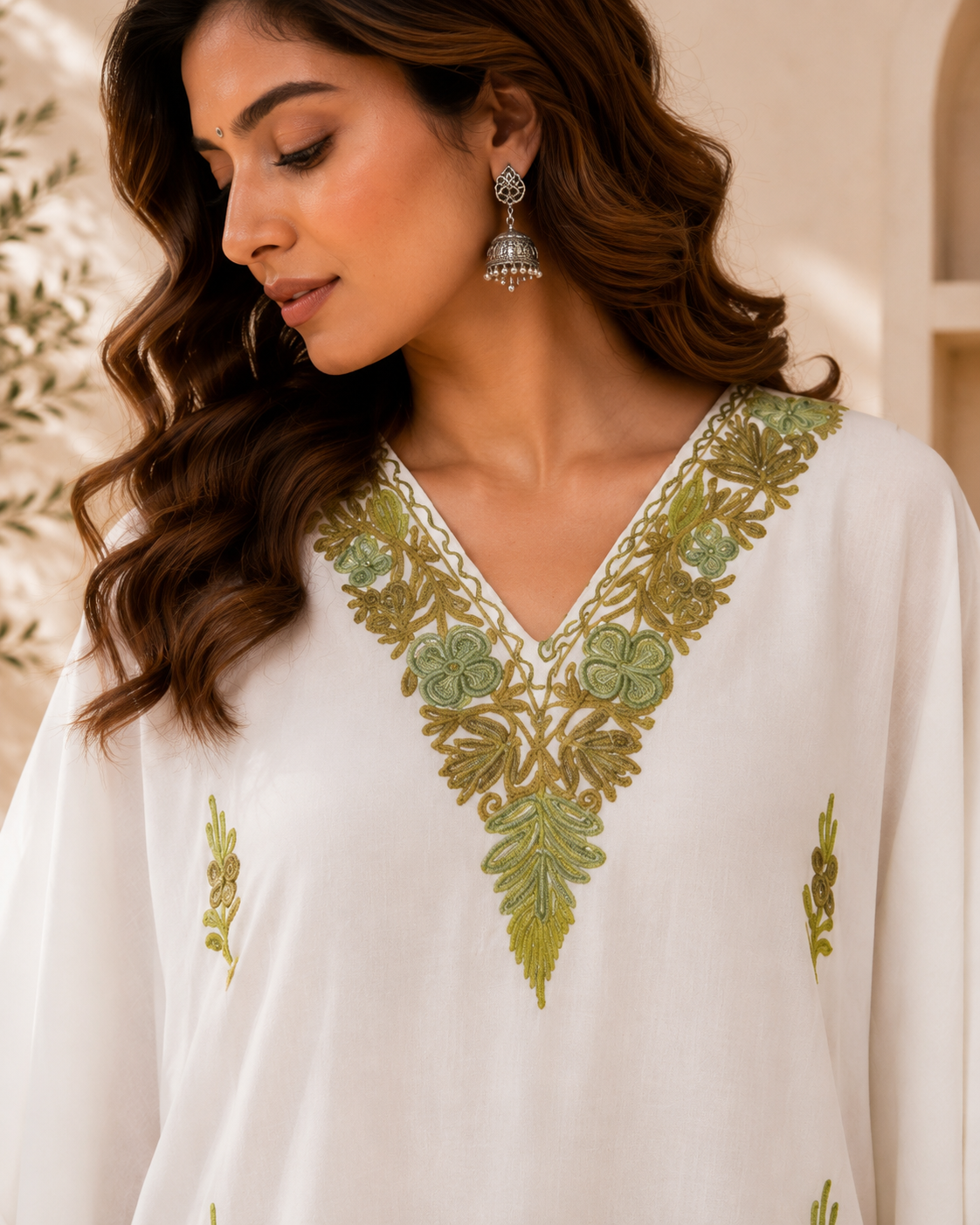 Off White Aari Work Kaftan Set - Koshur Summer 2