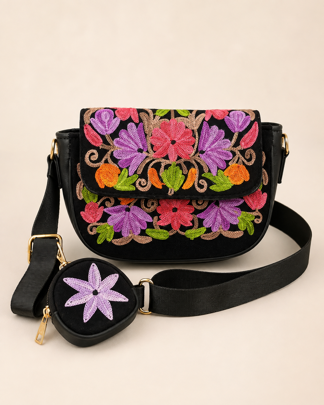Black Purple Aari Work Sling Bag — front view
