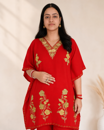 Red Aari Work Kaftan Set - Koshur Summer 2