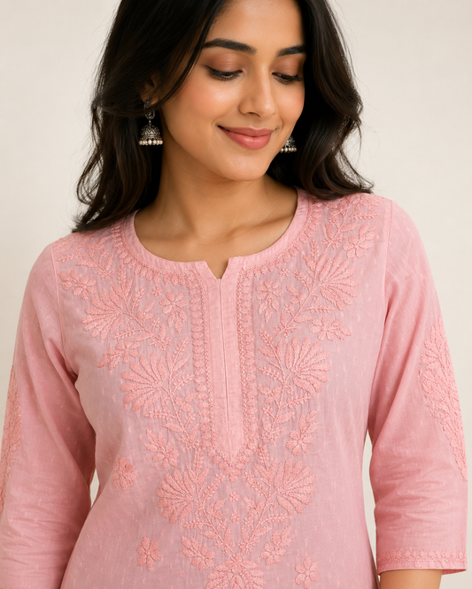Peach Chikankari Long Kurta – Nawabi Summer, detail view