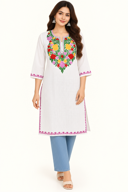 White Green Aari Work Long Kurti – Summer Tops