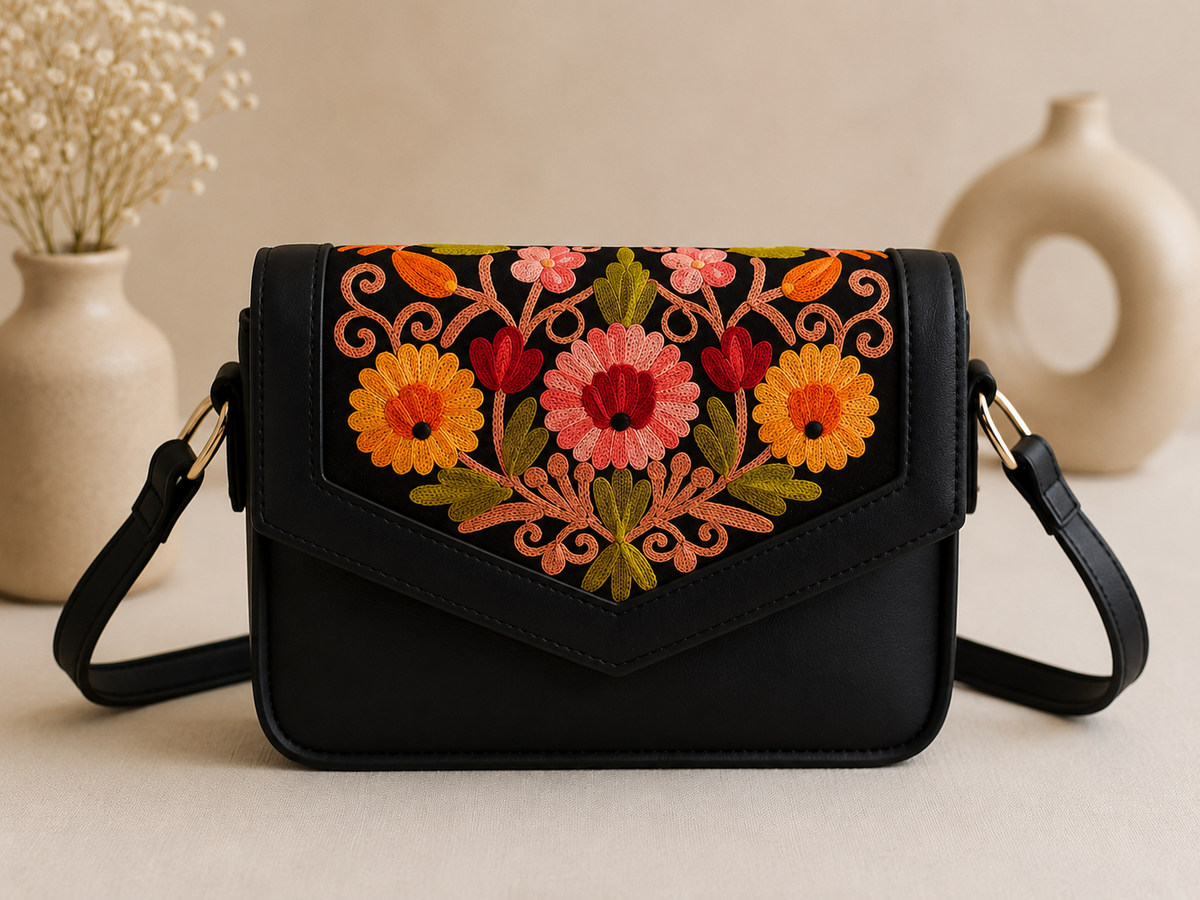 Black Pink Aari Work Barfi Handbag