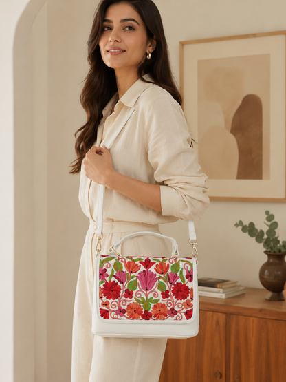 White Aari Work Top Handle Handbag — embroidery detail