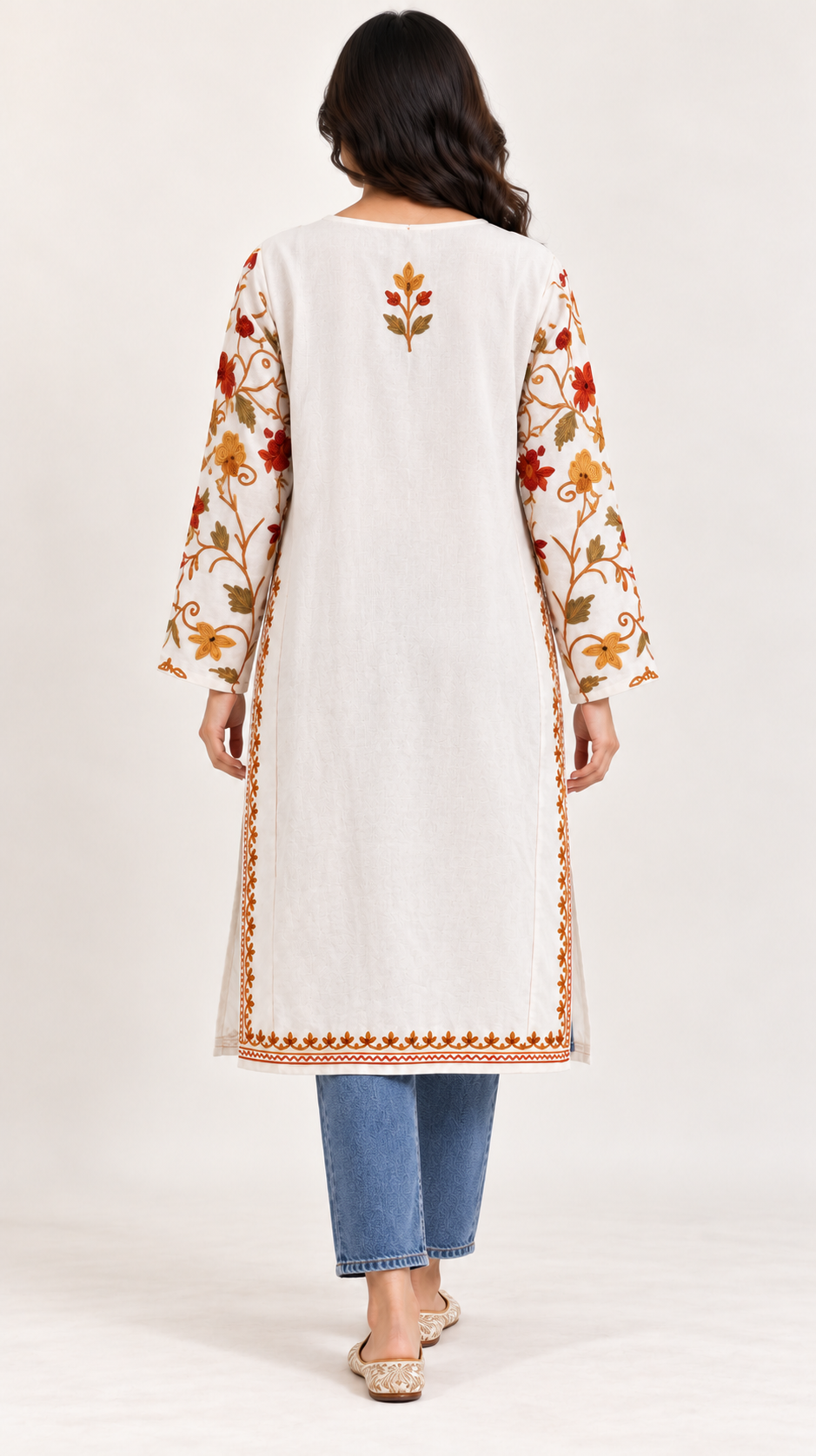 White Yellow Aari Work Pheran – Koshur Winter