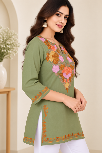 Olive Brown Aari Work Short Kurti – Summer Tops