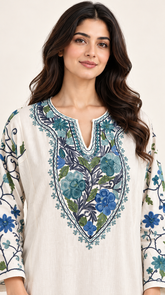 White Blue Aari Work Pheran – Koshur Winter