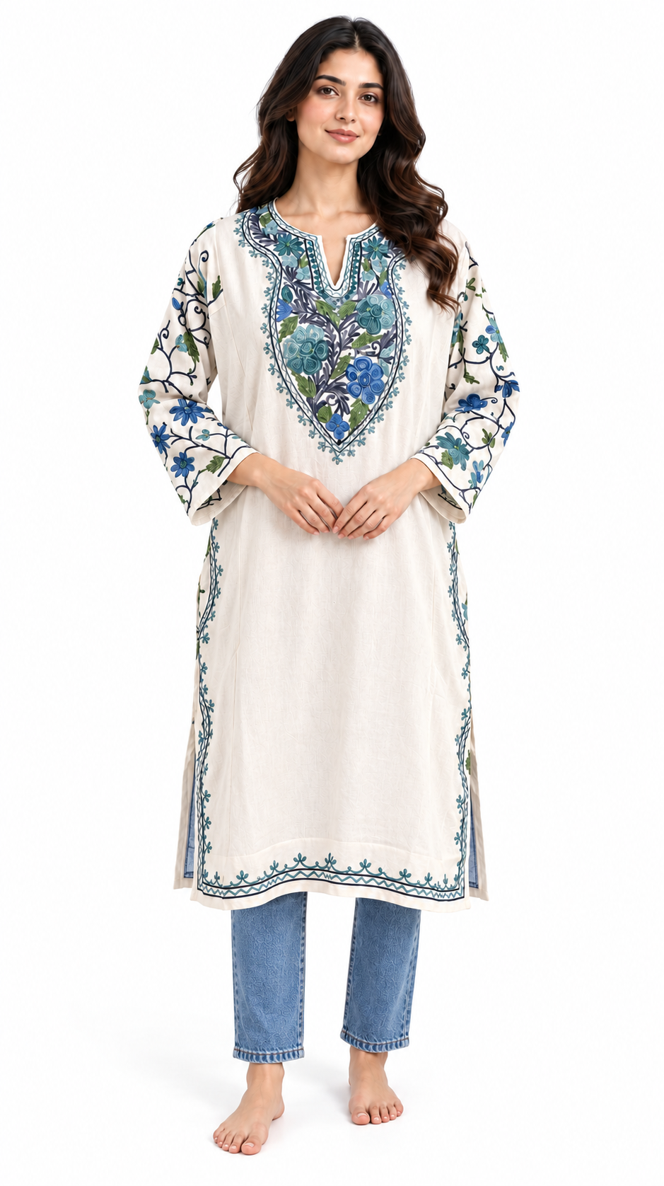White Blue Aari Work Pheran – Koshur Winter
