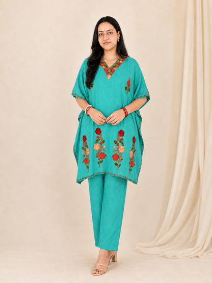 Turquoise Aari Work Kaftan Set - Koshur Summer 1