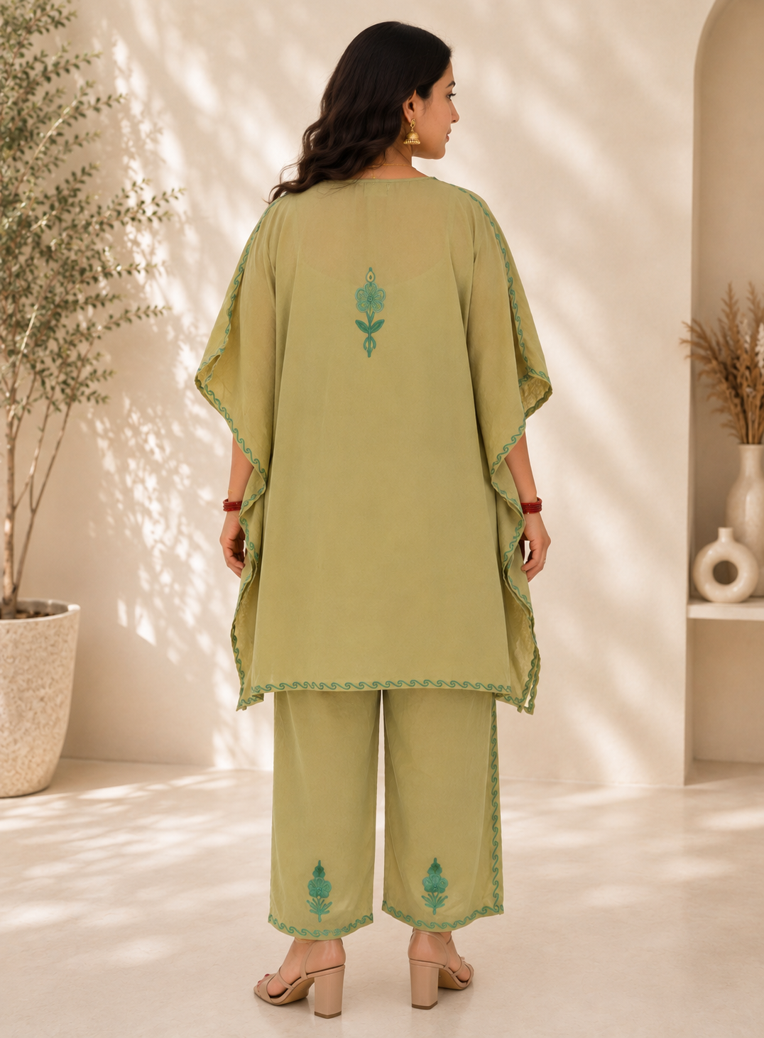 Olive Green Aari Work Kaftan Set - Koshur Summer 3