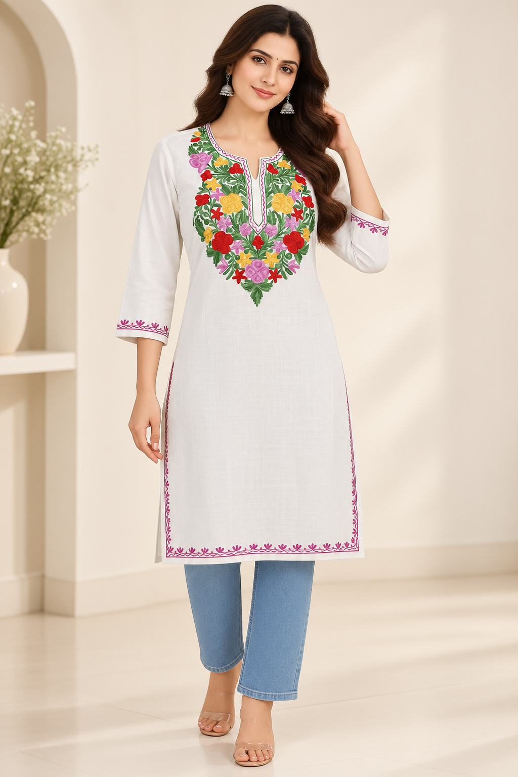 White Green Aari Work Long Kurti – Summer Tops