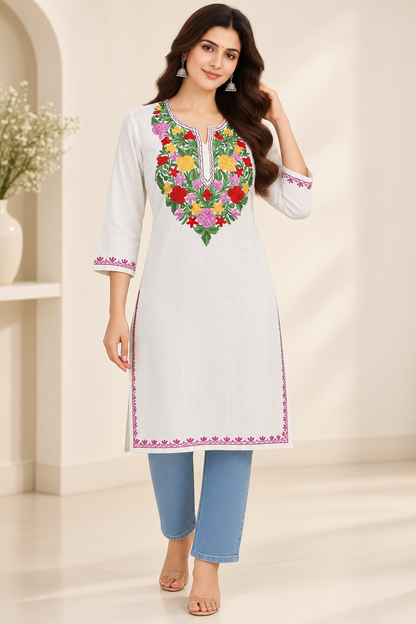 White Green Aari Work Long Kurti – Summer Tops