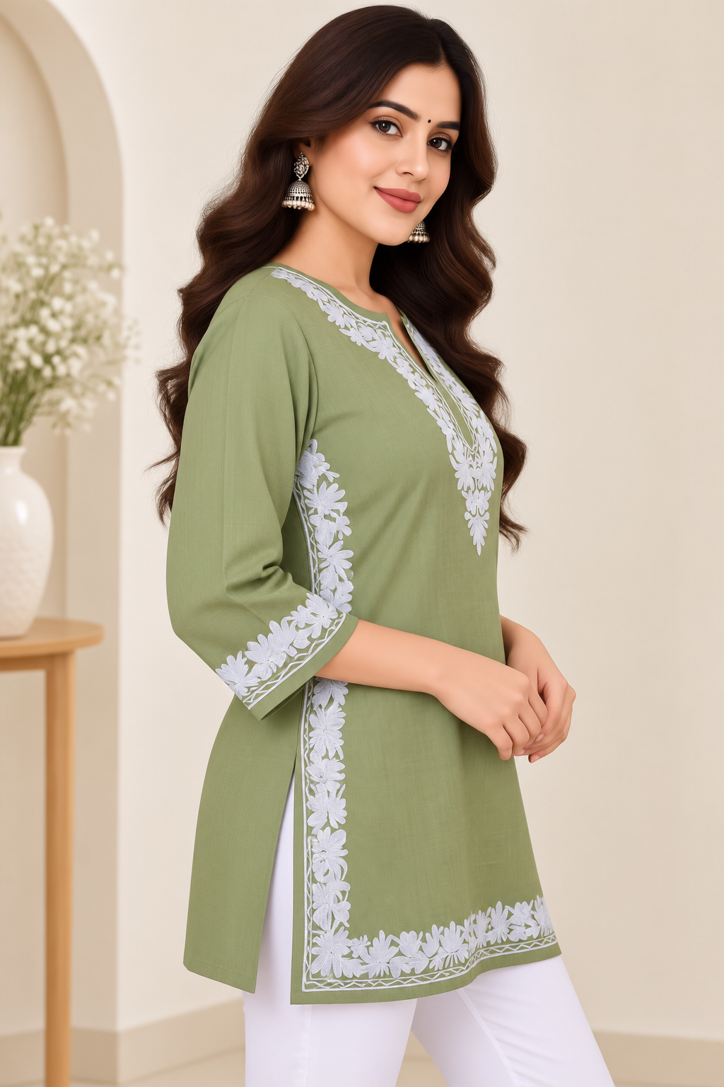 Olive Blue Aari Work Short Kurti – Summer Tops