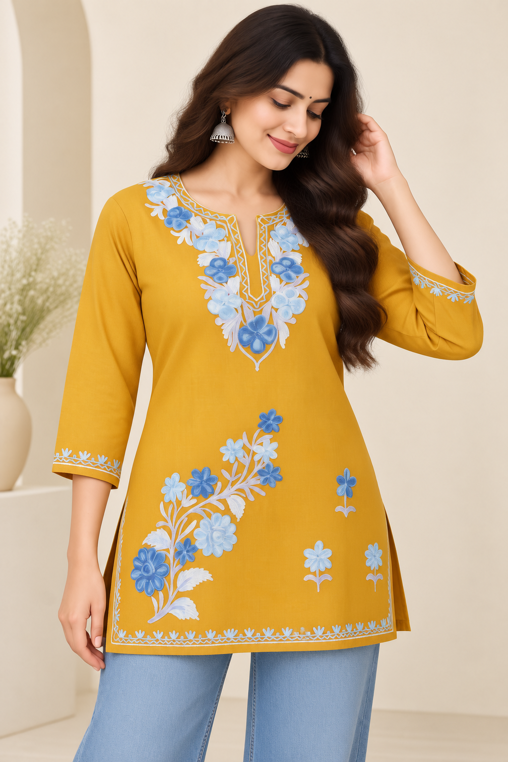Mustard Blue Aari Work Short Kurti – Summer Tops