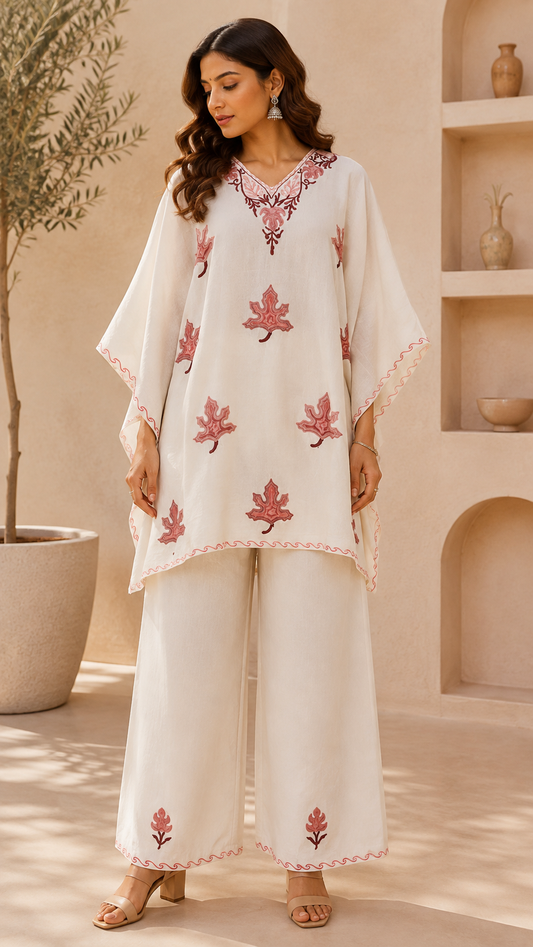 Off White Aari Work Kaftan Set - Koshur Summer 1