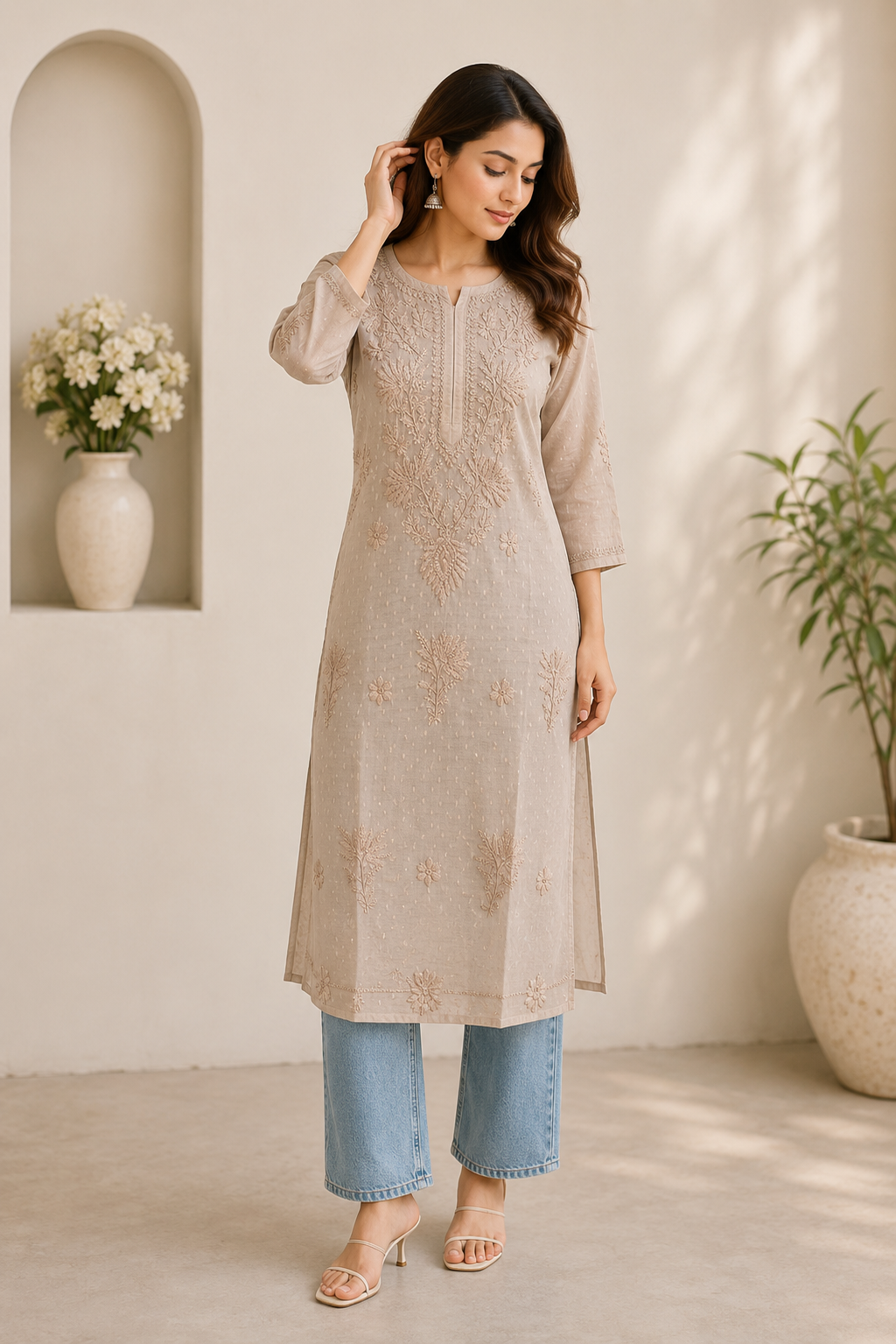 Khaki Chikankari Long Kurta – Nawabi Summer, front view