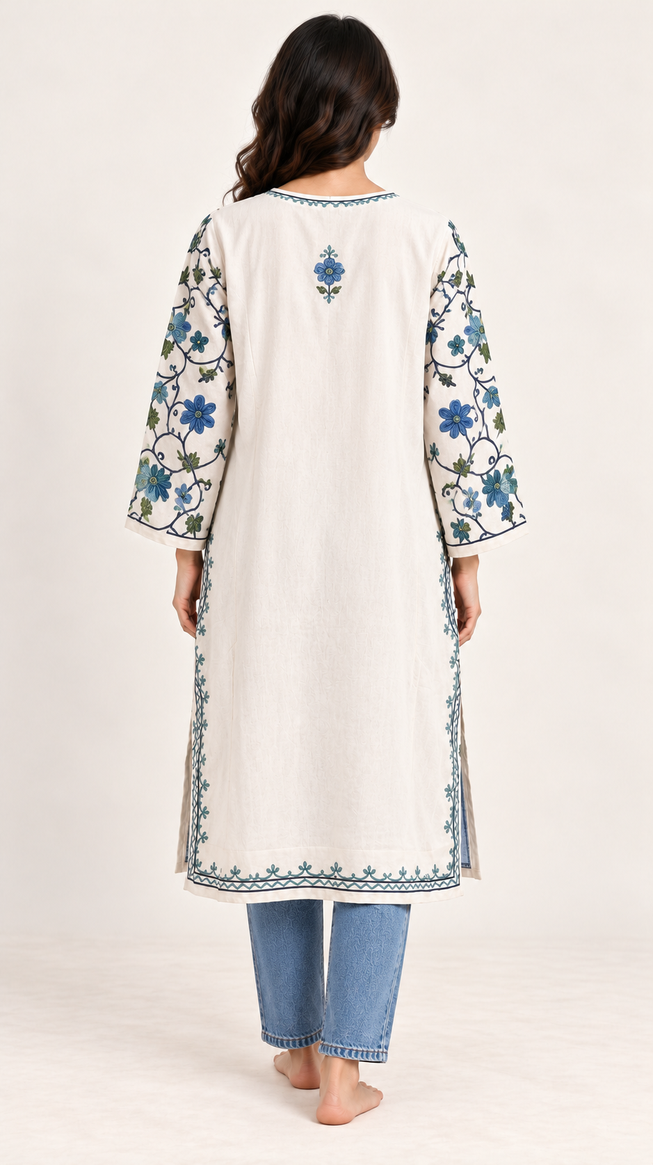 White Blue Aari Work Pheran – Koshur Winter