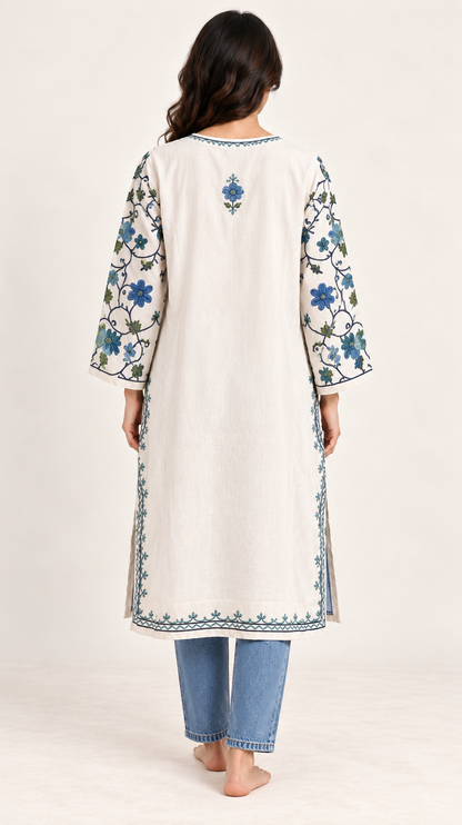 White Blue Aari Work Pheran – Koshur Winter