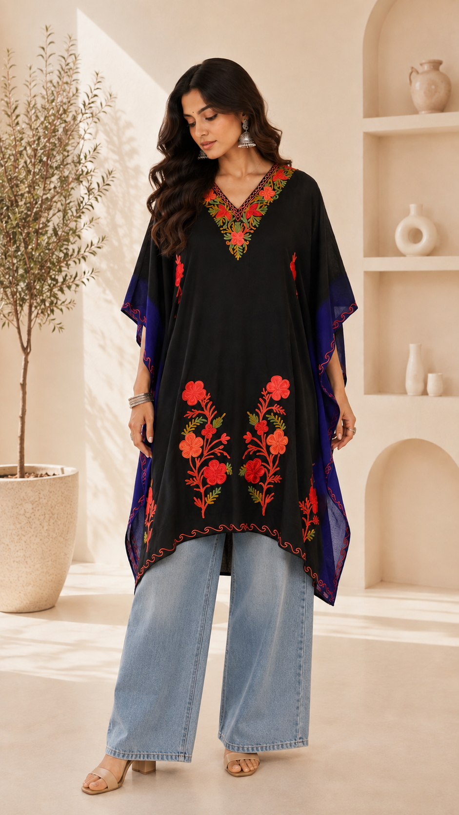 Blue Black Aari Work Kaftan - Koshur Summer 1